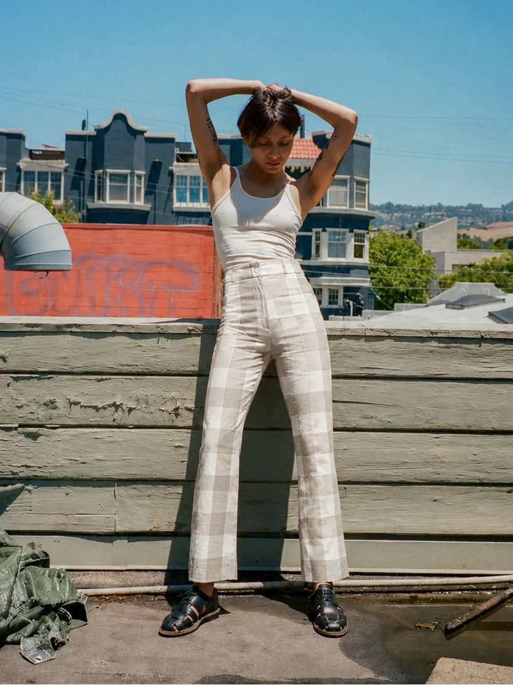 Ali Golden Raw Silk Fly Front Pants in Natural Gingham